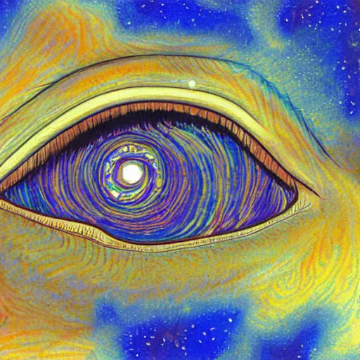 Image similar to A beautiful illustration a large eye that is looking directly at the viewer. The eye is composed of a myriad of colors and patterns, and it is surrounded by smaller eyes. The smaller eyes appear to be in a state of hypnosis, and they are looking in different directions. cosmic nebulae, Phoenician by Shintaro Kago, by Edgar Degas peaceful