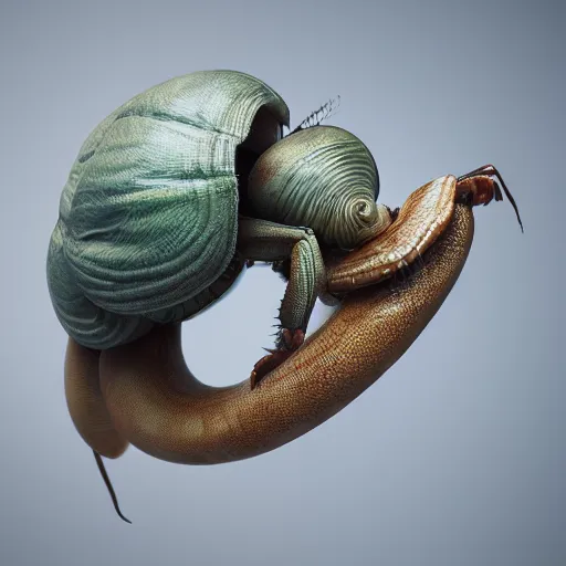 Image similar to a hybrid creature, half snail half spider, climbing a wall, trending in artstation, octane Render