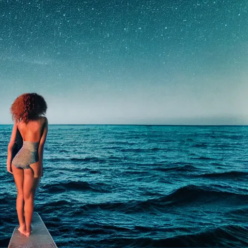 Prompt: beyonce standing on a raised translucent platform in the middle of the sea, night time with milky way in the sky. cinematic, 3 5 mm film, sharpness, nostalgic and melancholic 4 k, 8 k