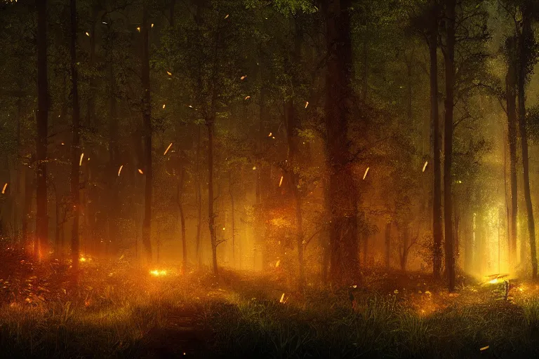 Image similar to fireflies vortex illuminating the forest at night, peaceful scene, 8 k octane render, atmospheric effects, by jonas de ro, artstation, deviantart