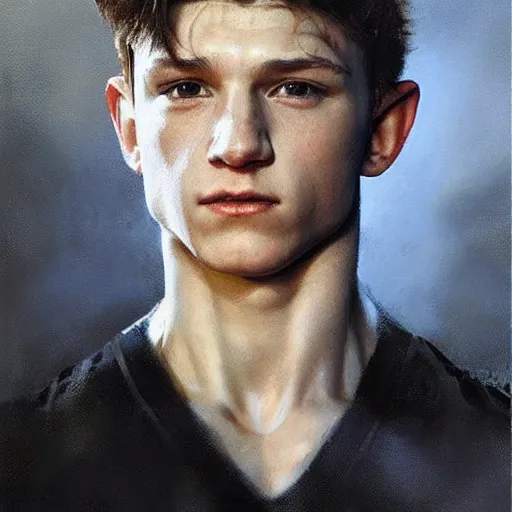 Prompt: muscular tom holland by ruan jia, portrait