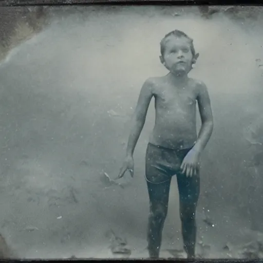 Image similar to tintype photo, swimming deep underwater, kid with huge alien