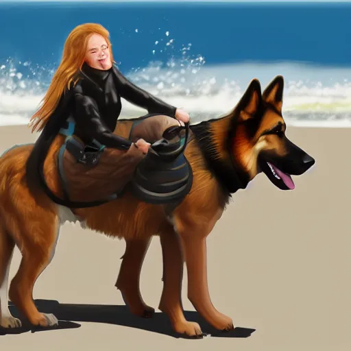 Image similar to girl riding a giant German shepherd at the beach, trending on artstation