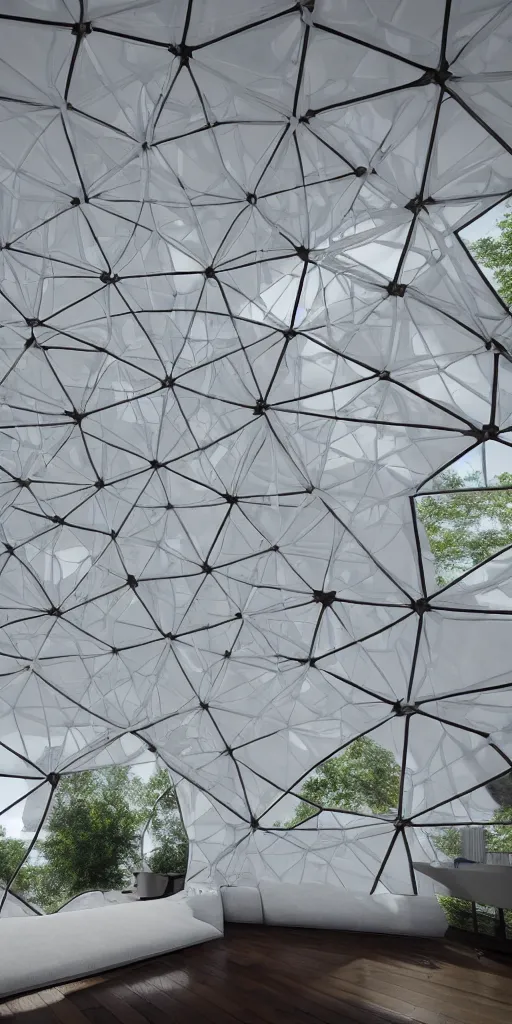 Prompt: inside an inflatable organic geodesic home. The inflatable fabric is translucent white with black stitching. A tall living room and kitchen. The walls bulge with the inflated pressure. The mesh fabric has a strong texture. The inflatable has a cellular geometry. Architectural photography. Unreal engine, 4K, 8k. Volumetric Lighting