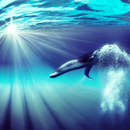 Image similar to underwater ocean, ten whales swimming up to the surface, pod, calm, realistic, peaceful, light rays, beautiful, majestic, dapple, deep ocean