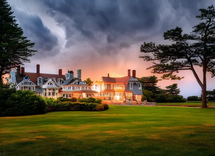 Prompt: landscape photography cape cod mansion, warm lightning, beautiful, clouds, kodachrome, 4 k, hd