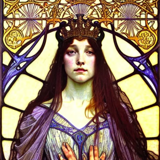 Image similar to detailed realistic beautiful young medieval queen face portrait by jean delville, alphonse mucha, vincent van gogh, and marco mazzoni, art nouveau, symbolist, visionary, gothic, pre - raphaelite