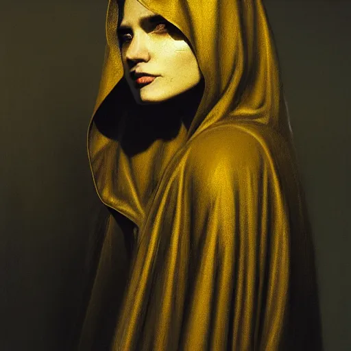 Image similar to a portrait of a young woman wearing a long dark cloak, hood and shadows covering face, holding golden chains, oil painting, matte painting, black background, Volumetric Golden dappled dynamic lighting, Highly Detailed, Cinematic Lighting, Unreal Engine, 8k, HD, by Beksinski