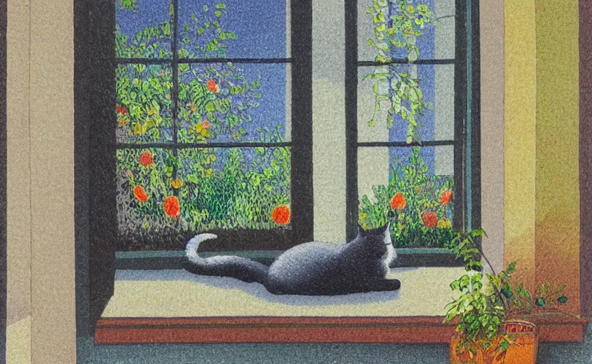 Prompt: sleeping cat on window, inside house in village, plants, gentle colours, light colours, divisionism and pointillism style