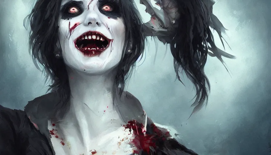 Prompt: A beautiful painting of Josie Maran as a undead smiling fanged vampire by greg rutkowski and Kalin Popov , Trending on artstation HD.