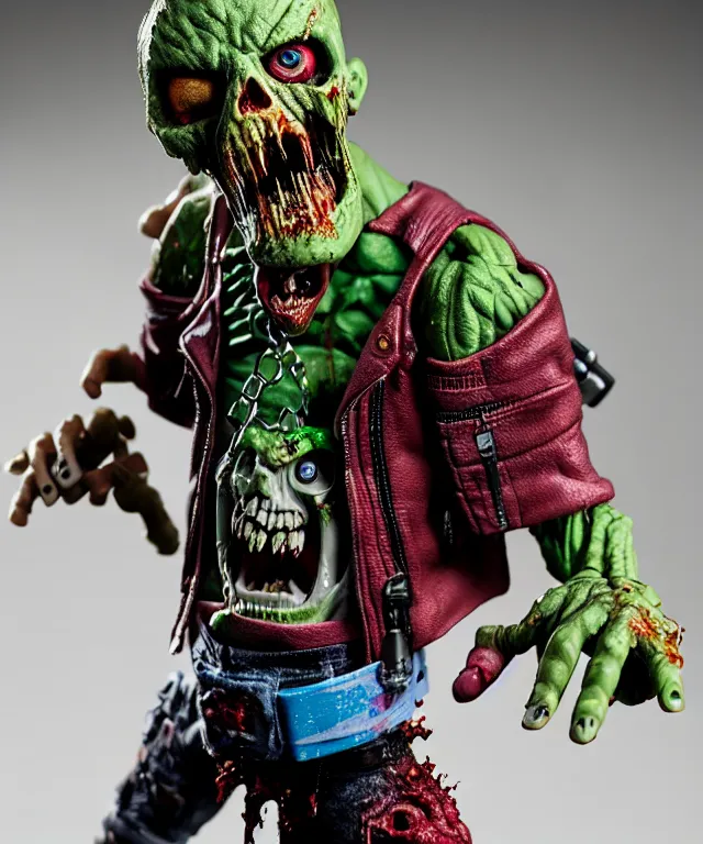 Image similar to hyperrealistic rendering, punk rock zombie is motu action figure, product photography