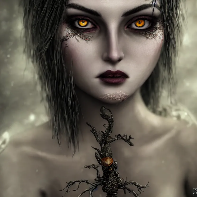Prompt: single faced portrait of enchanting femenine witch, hyper attractive, seductive, very complex, hyper - maximalist, overdetailed, legendary cinematic, darkfantasy, archetype with timeless beauty breathtaking eyes, highly intricate, realism, perspicious detail, silent hill aesthetic, photorealistic, lifelike, dslr 8 k, unbeatable coherency, unreal engine