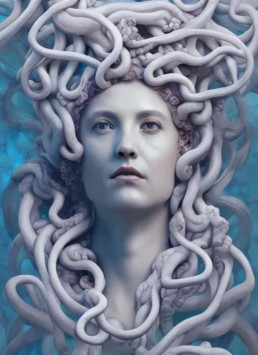 Image similar to medusa made of soft white wax, wooden art nouveau swirls, strong subsurface scattering, cables, tubes, subsurface scattering, in the style of ruan jia and beeple and giger, subsurface scattering, mystical colors, soft look, rim light, dramatic lighting, 8 k, stunning scene, raytracing, octane render, trending on artstation