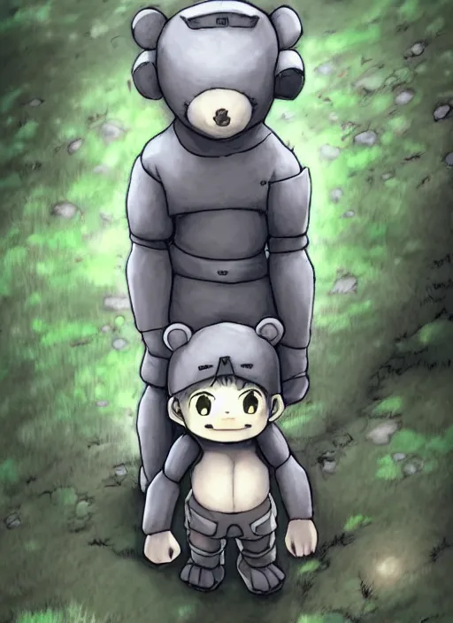 Image similar to beautiful little boy wearing an cyborg bear suit, artwork in kentaro miura and made in abyss and rosdraws, smooth, beautiful lightness, anatomically correct, trending on pixiv, forest