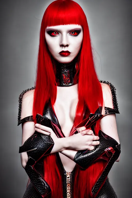 Image similar to very beautiful demon top model, red hair, wearing louis vuitton armor, luxury materials, symmetrical, cinematic, elegant, professional studio light, real dlsr photography, sharp focus, 4 k, ultra hd, sense of awe, high fashion