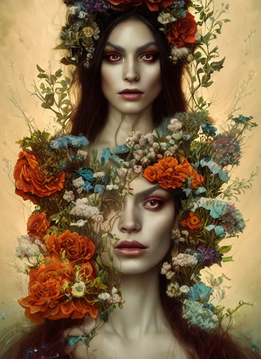 Image similar to portrait of the queen of the underworld, surrounded by flowers by karol bak, james jean, tom bagshaw, rococo, detailed eyes, trending on artstation, cinematic lighting, hyper realism, octane render, 8 k, hyper detailed.