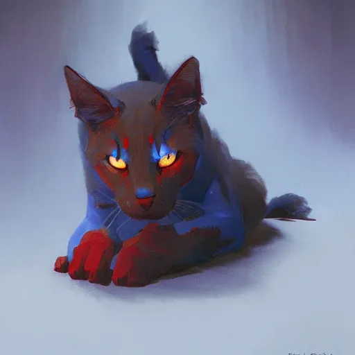 Prompt: blue cat eating red sable painting by eddie mendoza, greg rutkowski