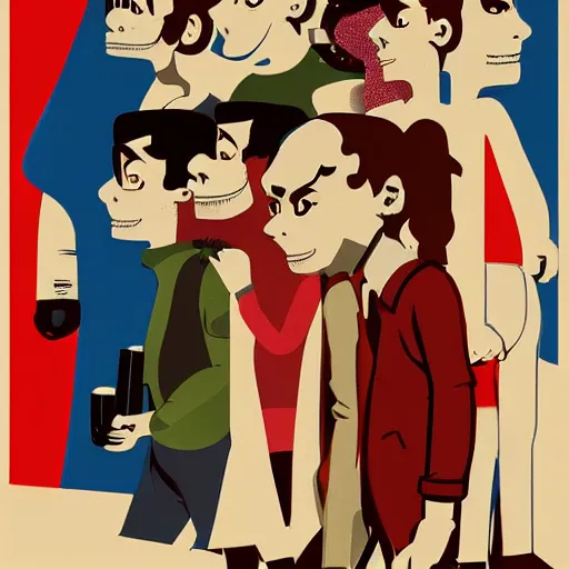 Image similar to a group of people standing next to each other, poster art by jamie hewlett, cgsociety, sots art, official art, 2 d, poster art