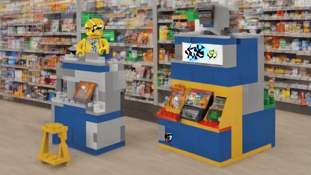 Prompt: lego art flexible convenience store robo - cashier
