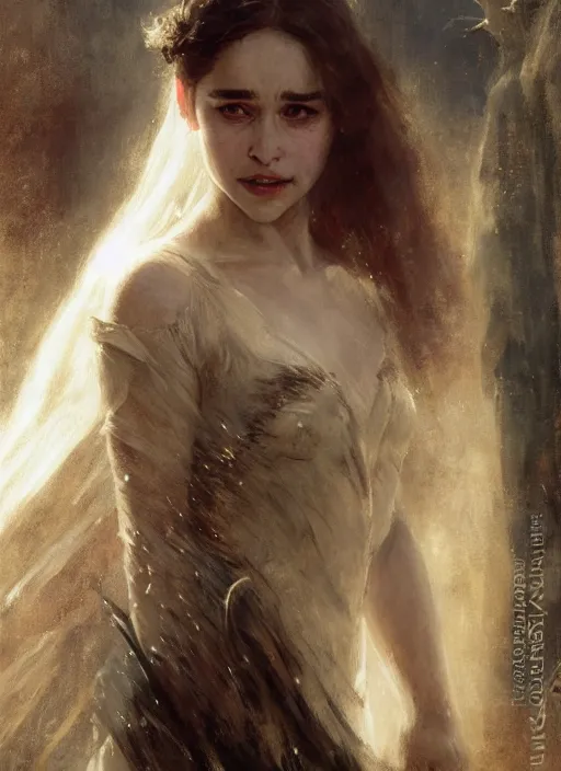 Image similar to young vampire emilia clarke, detailed by gaston bussiere, bayard wu, greg rutkowski, maxim verehin, greg rutkowski, masterpiece, sharp focus, cinematic lightning