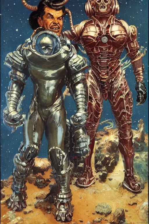 Image similar to full body portrait of rich piana as armoured demon standing beside elegant space woman in latex spacesuit, by norman rockwell, jack kirby, jon berkey, earle bergey, craig mullins, ruan jia, jeremy mann, tom lovell, marvel, astounding stories, 5 0 s pulp illustration, scifi, fantasy, artstation creature concept