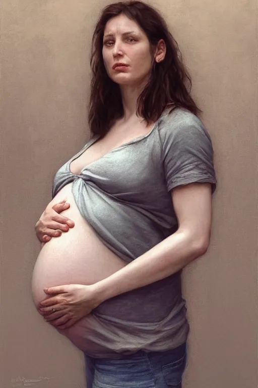 Image similar to pregnant woman in t-shirt by Alyssa Monks, Bouguereau. full-shot, urban dystopia, hyper realism, realistic proportions, dramatic lighting, high detail 4k