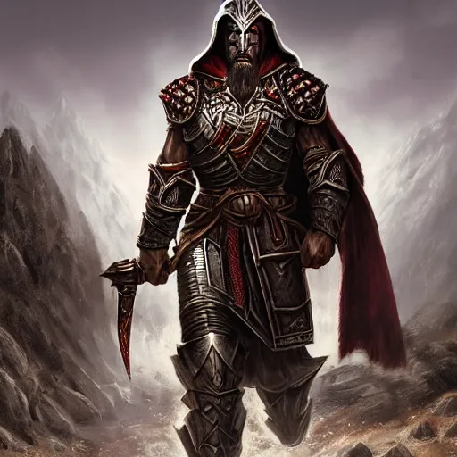 Image similar to unknown the elder scrolls vi hammerfall, battle hardened imposing male redguard character portrait partially clothed in hooded metal - plated exquisitely detailed hooded battle armour, desert, tropical, atmospheric lighting, painted, intricate, volumetric lighting, beautiful, rich deep colours masterpiece, sharp focus, ultra detailed