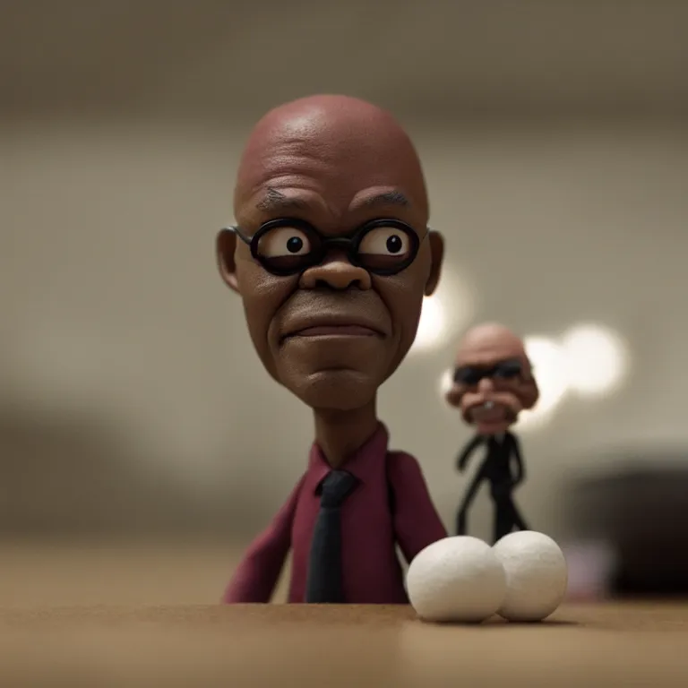 Image similar to a cinematic film still of a claymation stop motion film starring samuel l jackson, shallow depth of field, 8 0 mm, f 1. 8