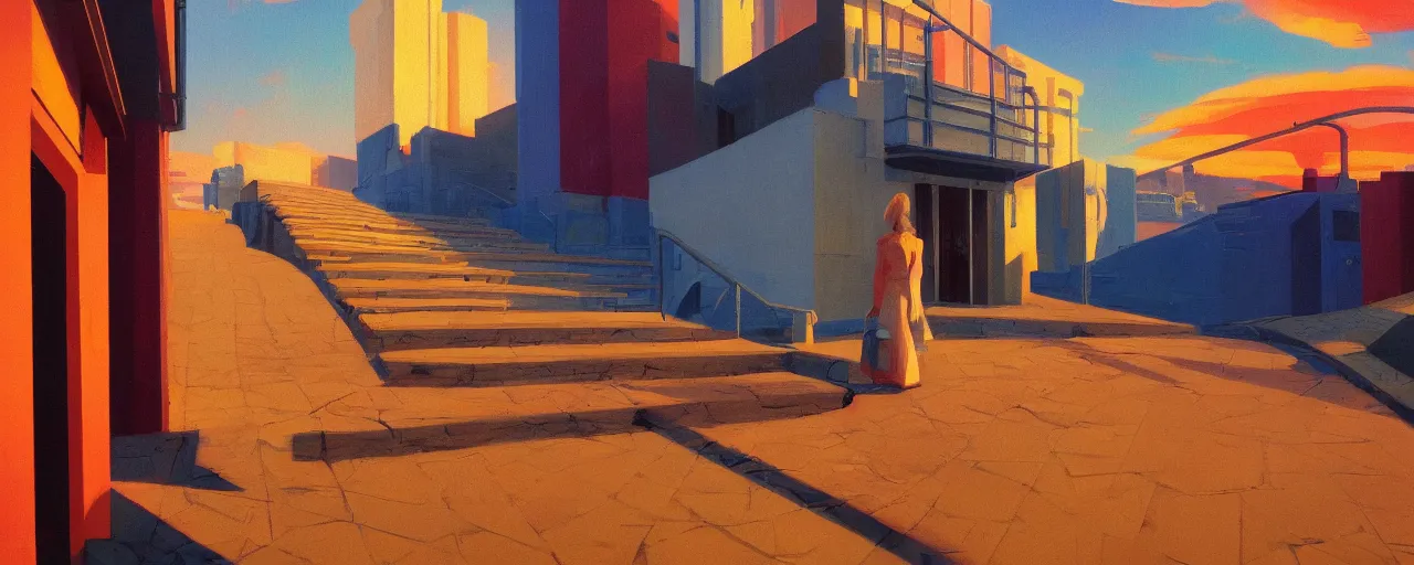 Image similar to A simplistic oilpainting of neo brutralism, a long stairway up, concept art, colorful, vivid colors, sunrise, warm colors, light, strong shadows, reflections, cinematic, 3D, in the style of Akihiko Yoshida and Edward Hopper