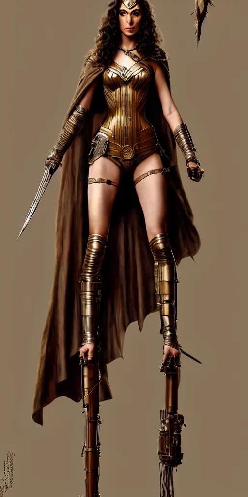 Image similar to highly detailed steampunk gal gadot standing, cape, bo staff : leonardo da vinci, greg rutkowski, magali villeneuve