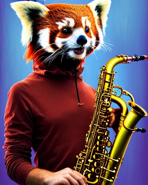 Image similar to a portrait of an anthropomorphic cyberpunk single red panda playing a saxophone by sandra chevrier, by jon foster, detailed render, tape deck, epic composition, cybernetics, 4 k realistic, cryengine, realistic shaded lighting, sharp focus, masterpiece, by enki bilal