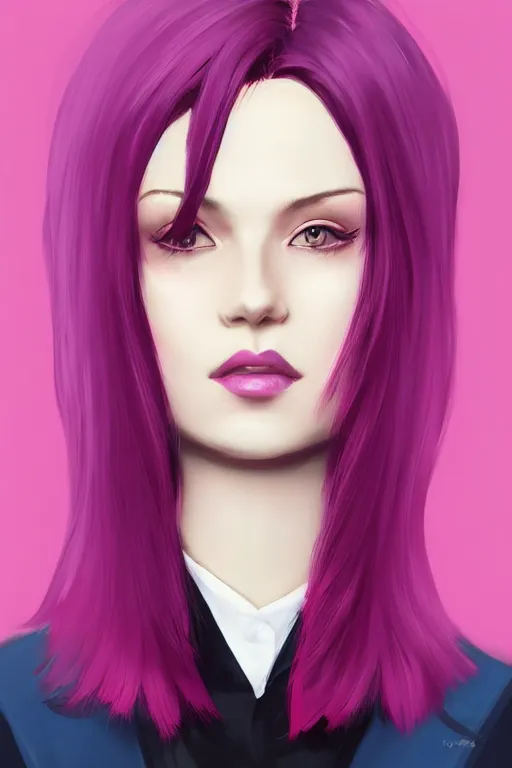 Image similar to a digital painting of a woman in a suit, with short magenta hair, face covered, a character portrait by artgerm, trending on artstation, fantasy art, ilya kuvshinov, artstation hd, artstation hq