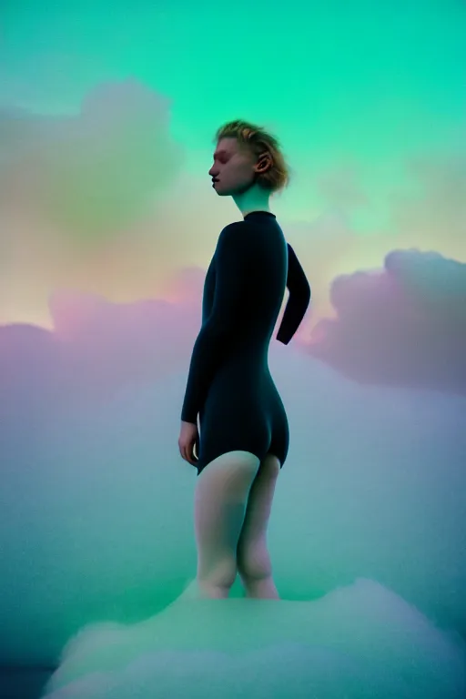 Image similar to high quality pastel coloured film close up wide angle photograph of a model wearing clothing swimming on cloud furniture in a icelandic black rock!! environment in a partially haze filled dreamstate world. three point light, rainbow. photographic production. art directed. pastel colours. volumetric clouds. pastel gradient overlay. waves glitch artefacts. extreme facial clarity. 8 k. filmic.