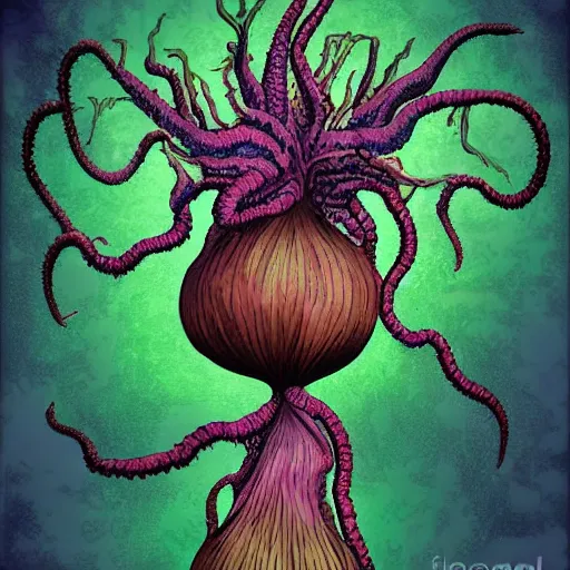 Image similar to Lovecraftian Giant Onion worshipped by a cult, digital art