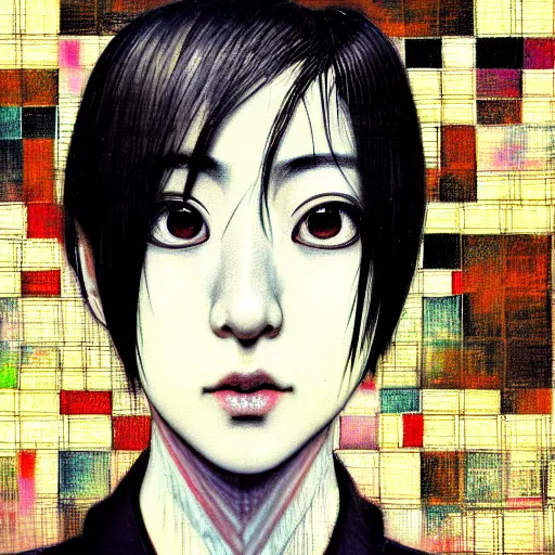 Image similar to yoshitaka amano blurred and dreamy realistic three quarter angle portrait of a young woman with short hair and black eyes wearing office suit with tie, junji ito abstract patterns in the background, satoshi kon anime, noisy film grain effect, highly detailed, renaissance oil painting, weird portrait angle, blurred lost edges