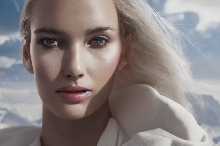Image similar to a cinematic bust!!!!!! portrait of a beautiful model woman!!!!!! wearing long white futuristic coat, on the top of a mountain, large diffused light, neon light, 4 k, ultra realistic, dramatic lighting, rain, clouds, fog, vogue, fashion, glamour, magazine spread, by marco mazzoni and jessica rossier
