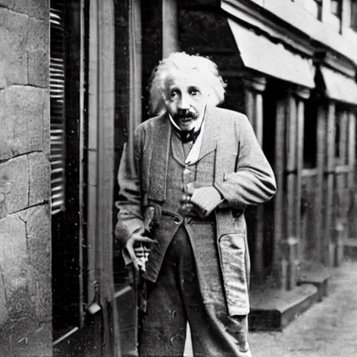 Prompt: einstein standing alone in a scifi city, robots, photograph