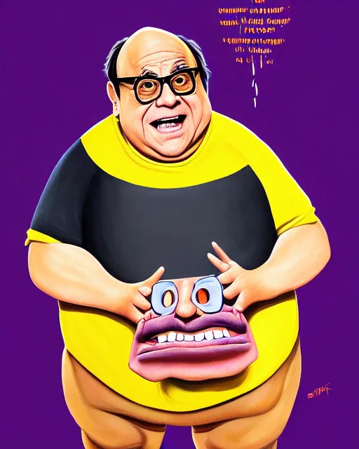 Image similar to painting portrait of danny devito as a ham, cartoon, warm lighting, danny devito has a ham body. movie poster, illustration by bartek fedyczak, erak note, tooth wu, neil richards, kan liu, siwoo kim, jisu choe, trending on art station