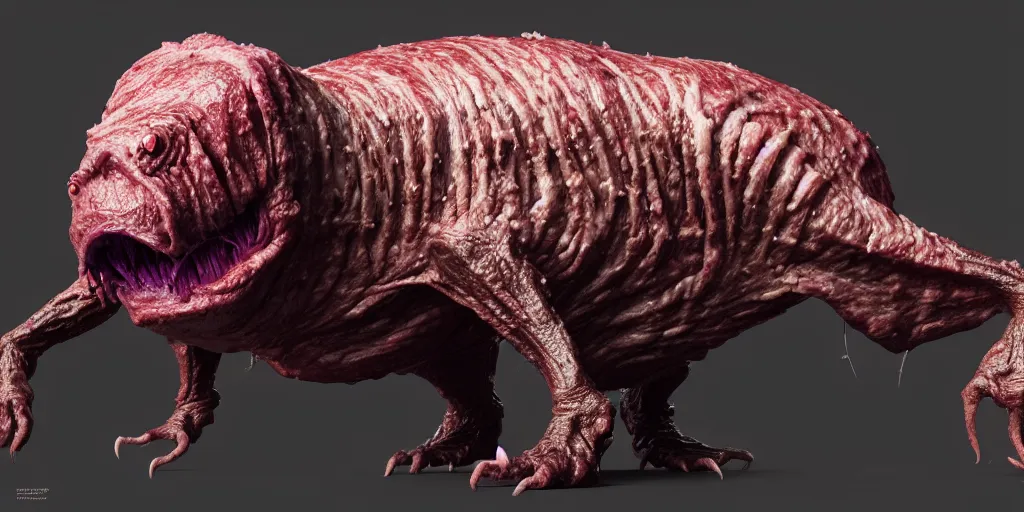 Image similar to the wrinkle skin meat eater creature monster sci fi strange animal by neville page, ken barthelmey, carlos huante and doug chiang, sharp focus, trending on artstation, hyper realism, octane render, 8 k, hyper detailed, ultra detailed, highly detailed, zbrush, concept art, creature design