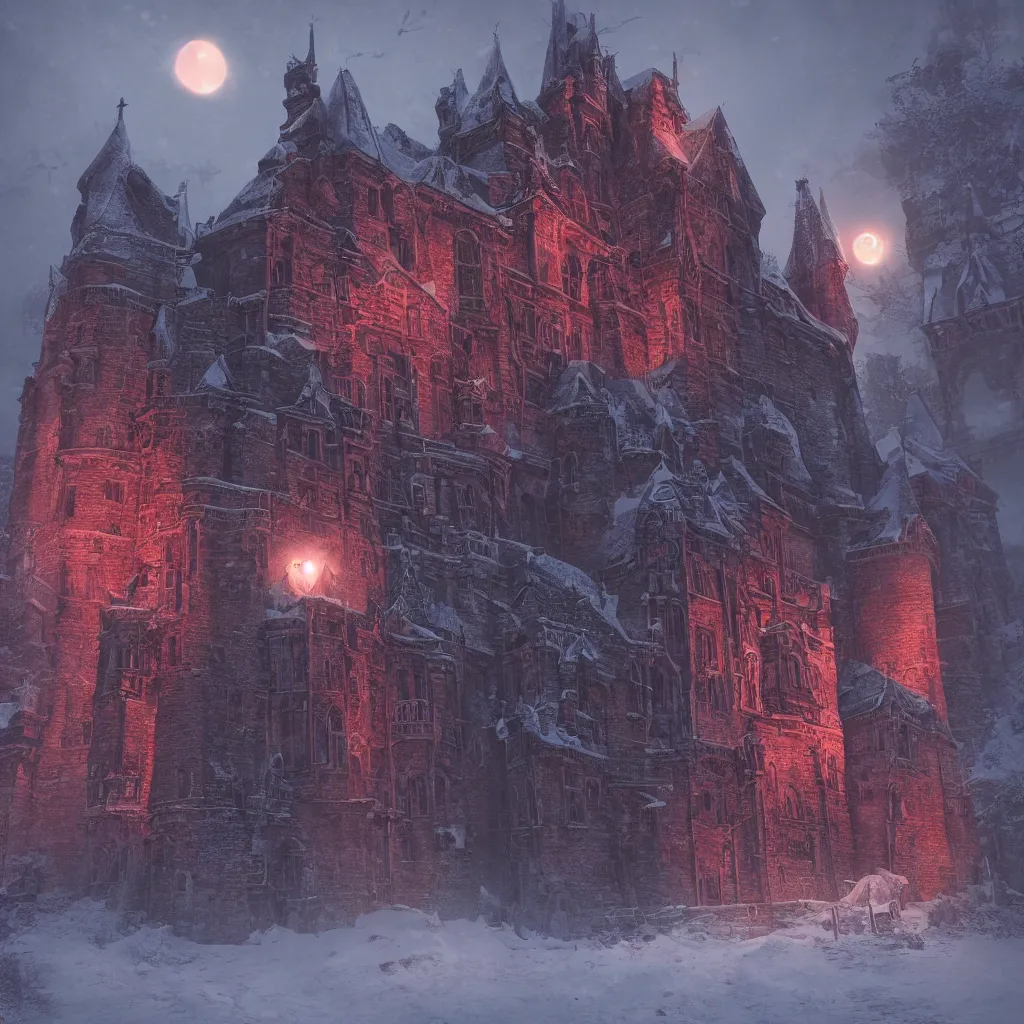 Image similar to gothic castle in the style of aetherpunk, a snowy street, huge red moon, global illumination, smoke, detailed and intricate environment, mysterious