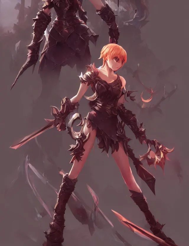 Prompt: the chara design for next slayer playable in league of legend, dynamic lighting, cinematic lighting, lit by morning light, by riot august, geoff goodman and ilya kuvshinov and artgerm, anime, featured on artstation, ultrawide angle