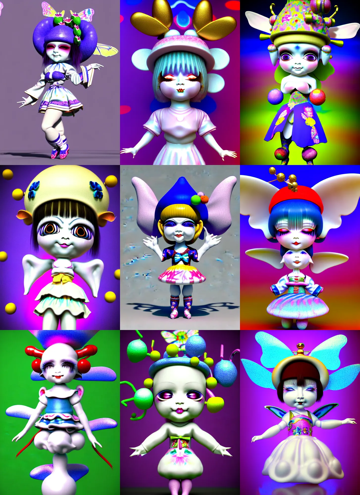 Prompt: 3d render of chibi 'porcelain jester doll' by Ichiro Tanida wearing a 'jester cap and bells' and wearing angel wings against a psychedelic swirly background with 3d butterflies and 3d flowers n the style of 1990's CG graphics 3d rendered y2K aesthetic by Ichiro Tanida, 3DO magazine