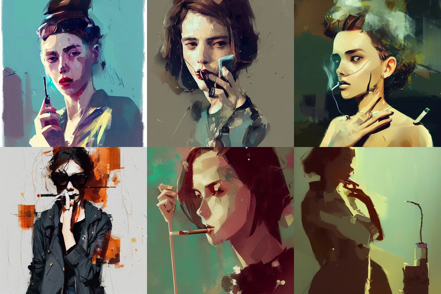 Prompt: a detailed portrait of a stylish girl smoking a cigarette by Ismail Inceoglu