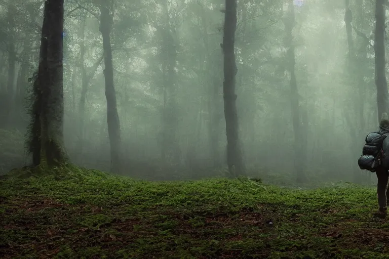 Image similar to a hiker staring at a complex organic fractal 3 d ceramic sphere floating in a lush forest, foggy, cinematic shot, photo still from movie by denis villeneuve