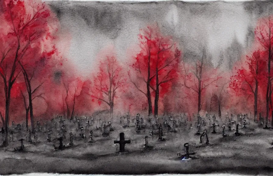 Prompt: graveyard in a dark and gloomy forest and red stream, dark gray sky with red rain, watercolor painting