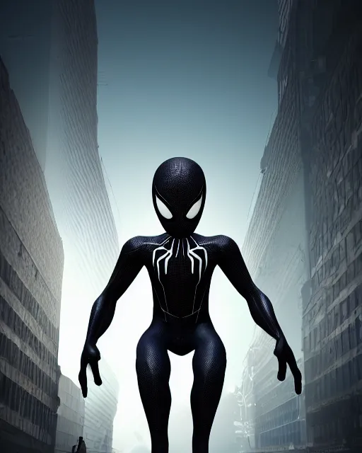 Image similar to photograph of a symbiote and spider - man hybrid, dslr, cinematic, volumetric lighting, 8 k resolution, photorealistic