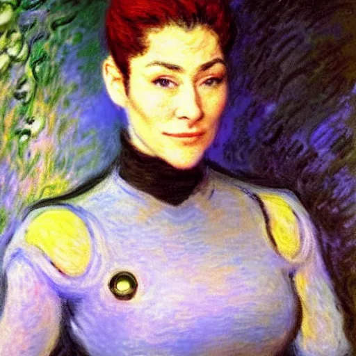 Image similar to Claude Monet, Impressionist Artists, major kira nerys, detailed, ethereal, Cybernetic implant H 768