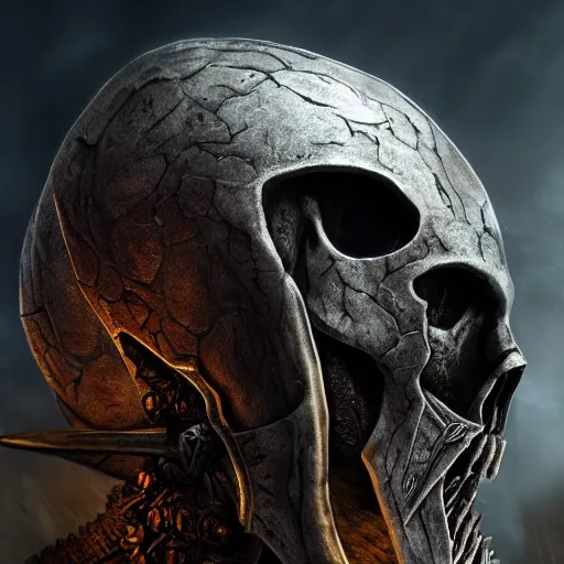 Prompt: the elder scrolls vi, nord dragonbone skull knight helmet, headshot, closeup, side elevation, grimdark, fantasy, trench crusade, terrifying, dark, fog, atmospheric cold lighting, dark souls, hyperrealistic, art by mike franchina