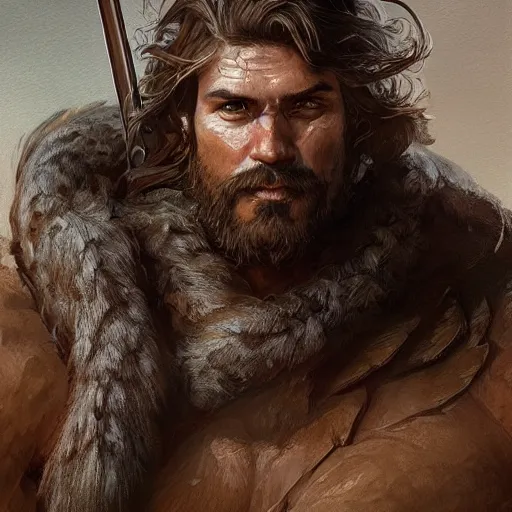 Image similar to portrait of a rugged ranger, muscular, upper body, hairy torso, D&D, fantasy, intricate, cinematic lighting, highly detailed, digital painting, artstation, concept art, smooth, sharp focus, illustration, art by Artgerm and Greg Rutkowski and Alphonse Mucha