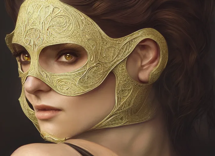 Image similar to masked, perfectly-centered-Portrait of the most beautiful woman on the planet , intricate, highly detailed, artstation, concept art, concept render, octane, redshift, smooth, sharp focus, illustration,award-winning, Unreal Engine 5, 8K, art by artgerm and greg rutkowski and alphonse mucha